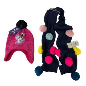 Descendants 3 Pink Beanie With Pom Pom And Navy Scarf. Girls One Size